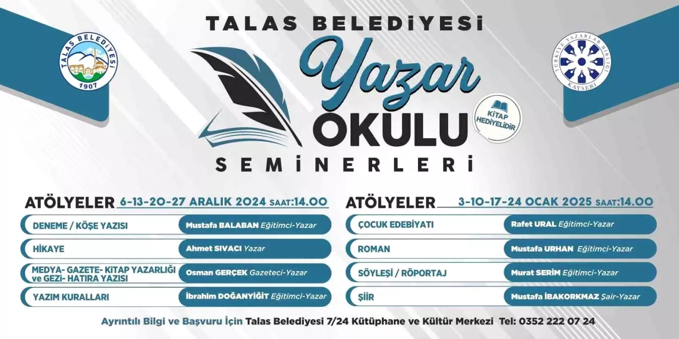 Talas Belediyesi’nden Yazar Okulu Seminerleri Programı Başlıyor